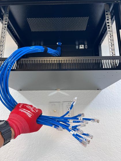 Blue Cat6 cables labeled one by one, ready to connect in the cabinet
