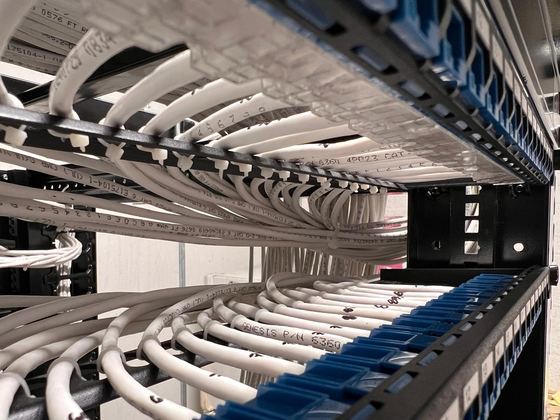 Cables Cat6 blancos organizados y numerados entrando a los paneles del rack